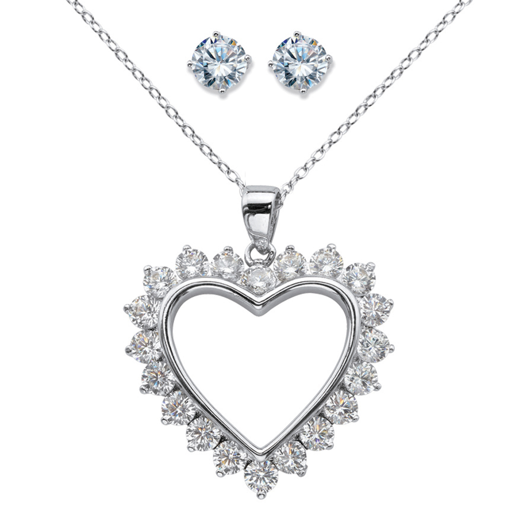 MIDORI 18k White Gold Plated 925 Sterling Silver Matching Heart Necklace Pendant and Stud Earring Set with Cubic Zirconia Crystal Includes 18 inch Italian Chain and Gift Box for Women 