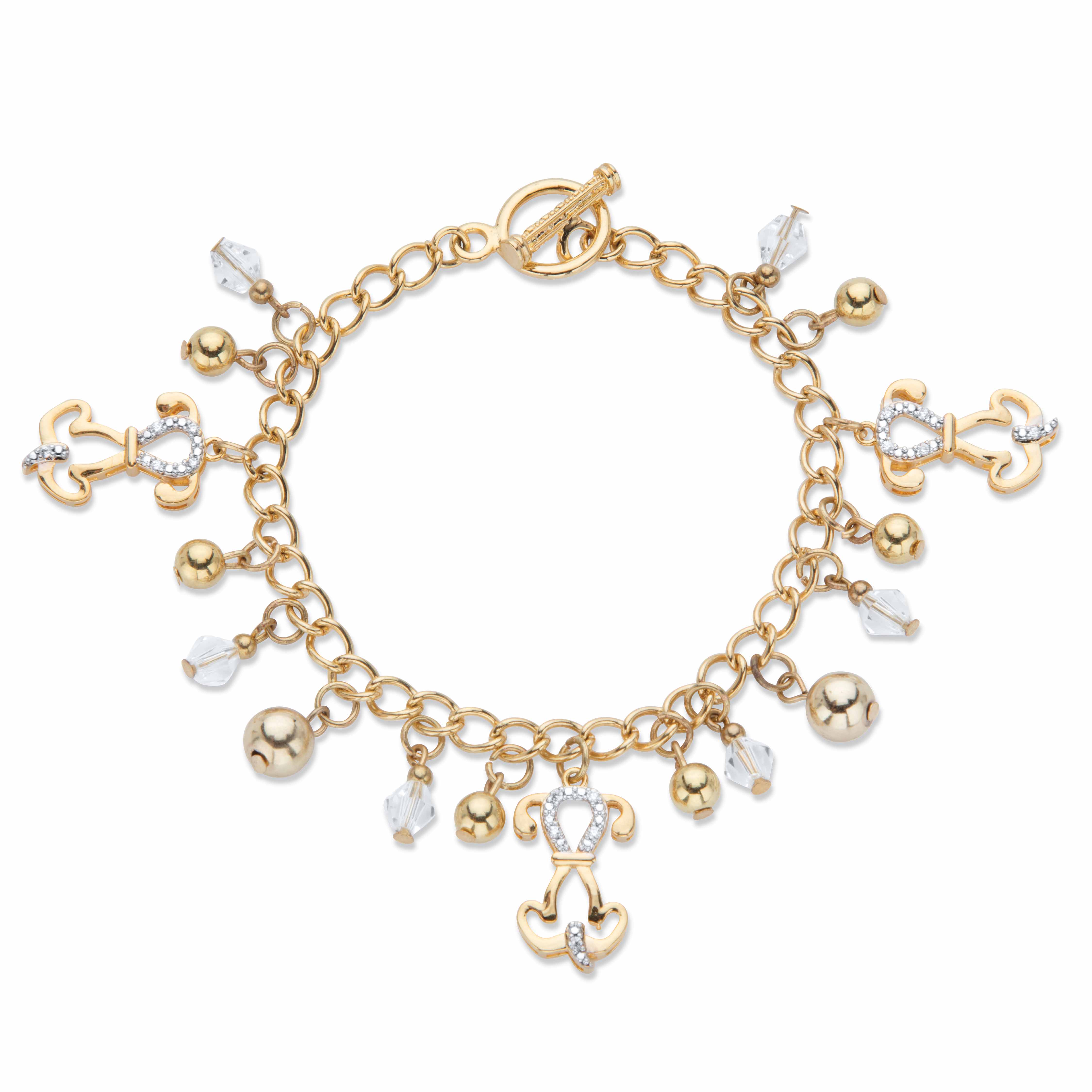 Round Goldtone Crystal Beaded Puppy Dog Charm Bracelet 7.5